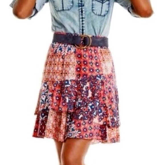 CAbi 5053 Isabel Patchwork Ruffle Skirt Western Boho Floral Tiered Layered Large - Picture 1 of 5